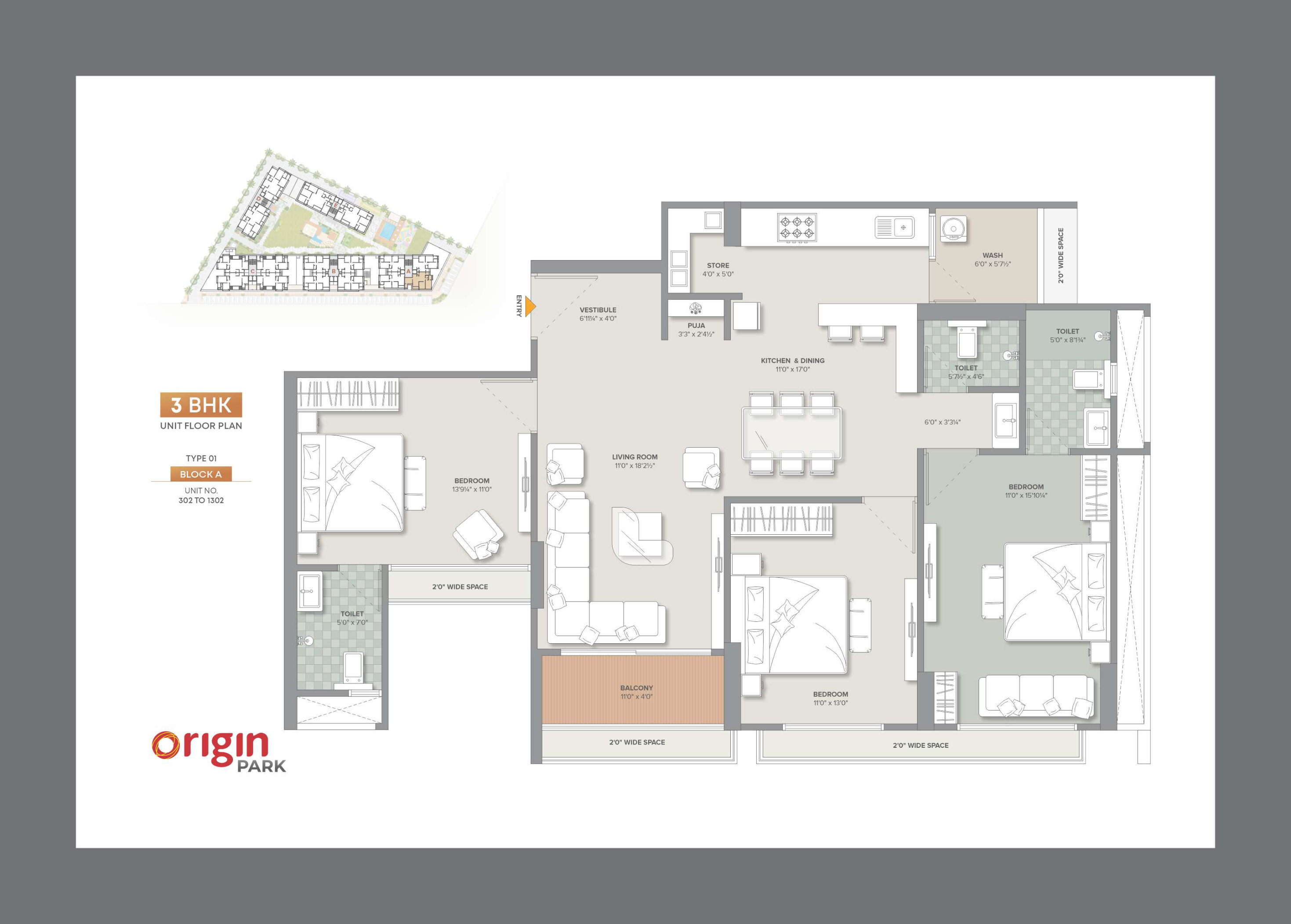 3 BHK floor plan
